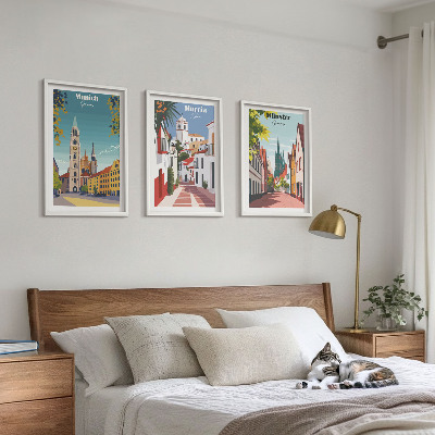 Lot de 3 tableaux pour salon Villes européennes en dessins en couleur