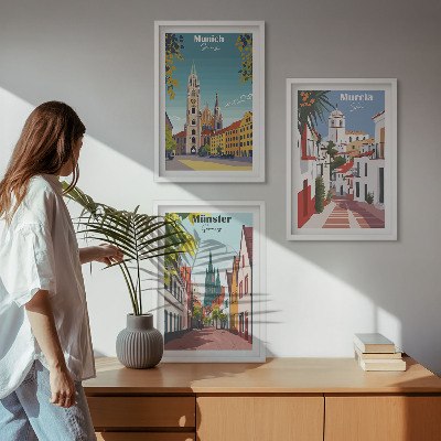 Lot de 3 tableaux pour salon Villes européennes en dessins en couleur