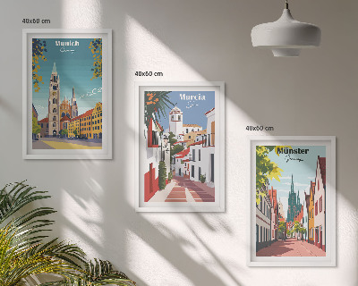 Lot de 3 tableaux pour salon Villes européennes en dessins en couleur