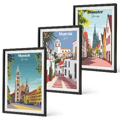 Lot de 3 tableaux pour salon villes européennes dessinées en couleur
