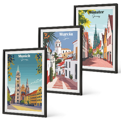 Lot de 3 tableaux pour salon Villes européennes en dessins en couleur