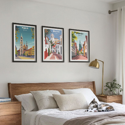 Lot de 3 tableaux pour salon Villes européennes en dessins en couleur