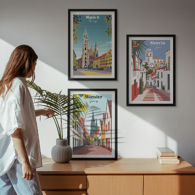 Lot de 3 tableaux pour salon Villes européennes en dessins en couleur