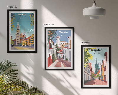Lot de 3 tableaux pour salon Villes européennes en dessins en couleur