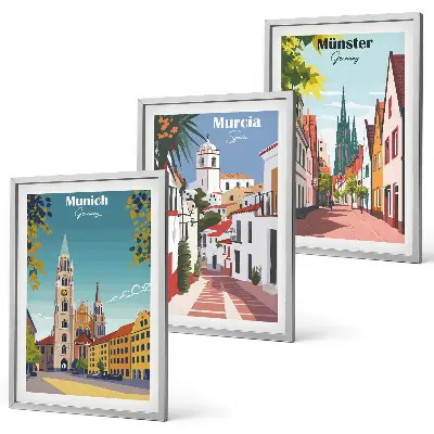 Lot de 3 tableaux pour salon villes européennes dessinées en couleur
