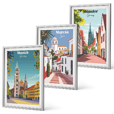 Lot de 3 tableaux pour salon Villes européennes en dessins en couleur