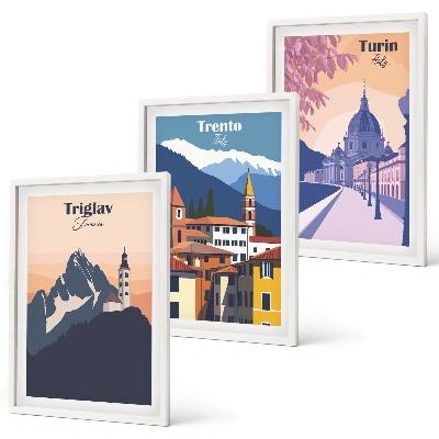 Lot de 3 tableaux pour salon Illustrations rétro d'architecture de montagne