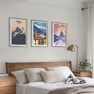 Lot de 3 tableaux pour salon Illustrations rétro d'architecture de montagne