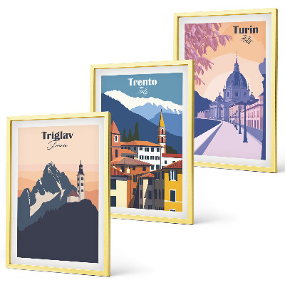 Lot de 3 tableaux pour salon Illustrations rétro d'architecture de montagne
