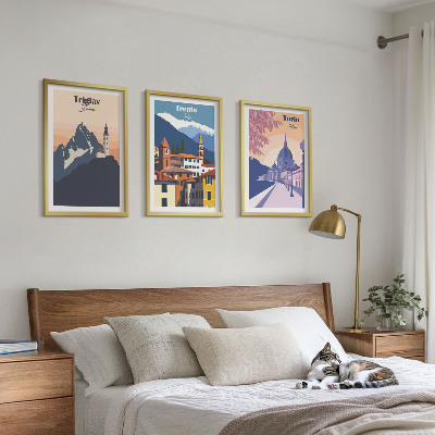 Lot de 3 tableaux pour salon Illustrations rétro d'architecture de montagne