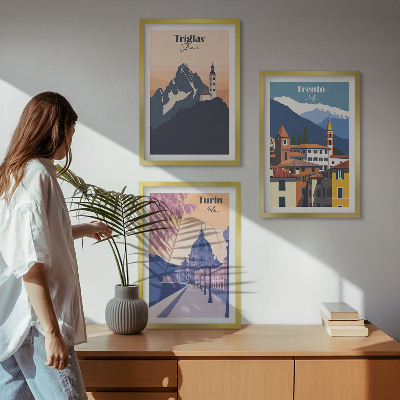 Lot de 3 tableaux pour salon Illustrations rétro d'architecture de montagne