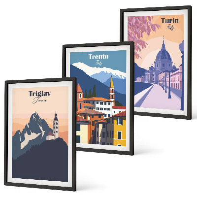 Lot de 3 tableaux pour salon Illustrations rétro d'architecture de montagne