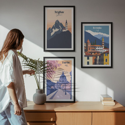 Lot de 3 tableaux pour salon Illustrations rétro d'architecture de montagne