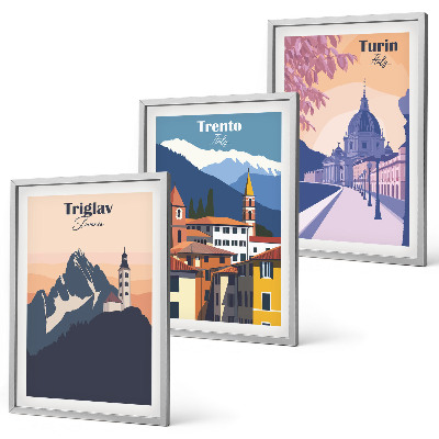 Lot de 3 tableaux pour salon Illustrations rétro d'architecture de montagne