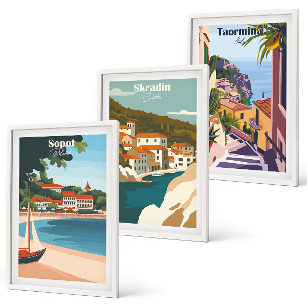 Lot de 3 tableaux pour salon Illustrations de villes balnéaires