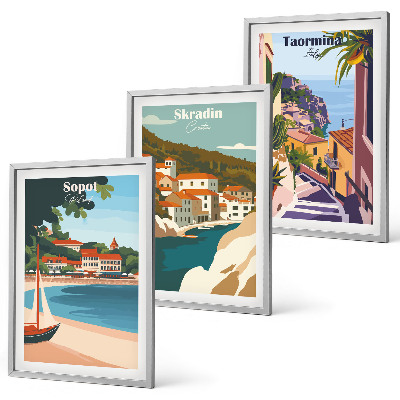 Lot de 3 tableaux pour salon Illustrations de villes balnéaires