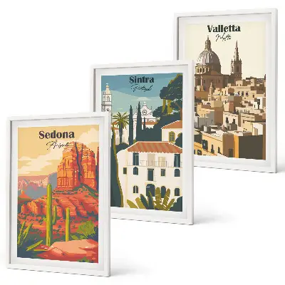 Cadre photo mural représentant les vues rétro de Sedona, Sintra et La Valette