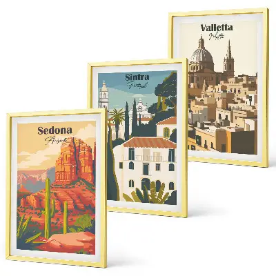 Cadre photo mural représentant les vues rétro de Sedona, Sintra et La Valette