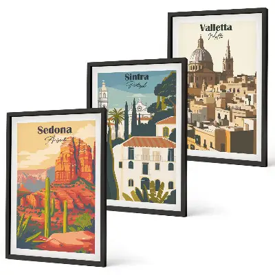 Cadre photo mural représentant les vues rétro de Sedona, Sintra et La Valette