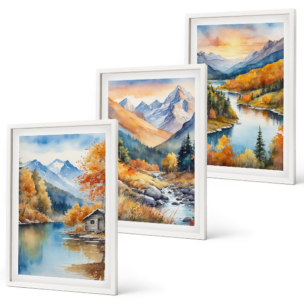 Lot de 3 tableaux pour salon Paysage de montagne rivière automne