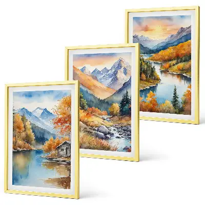 Lot de 3 tableaux pour salon paysage de montagne avec rivière en automne