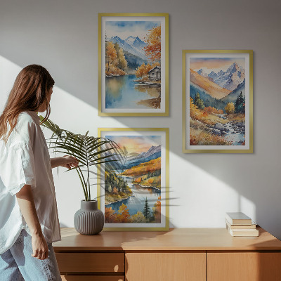 Lot de 3 tableaux pour salon Paysage de montagne rivière automne