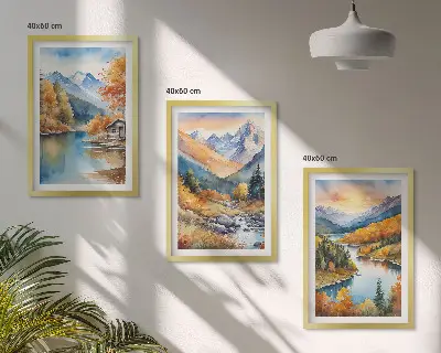 Lot de 3 tableaux pour salon paysage de montagne avec rivière en automne