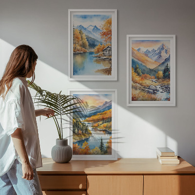 Lot de 3 tableaux pour salon Paysage de montagne rivière automne