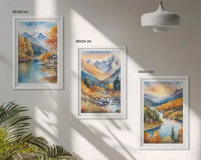 Lot de 3 tableaux pour salon paysage de montagne avec rivière en automne