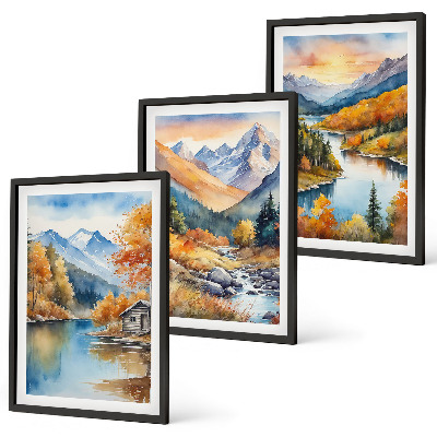 Lot de 3 tableaux pour salon Paysage de montagne rivière automne