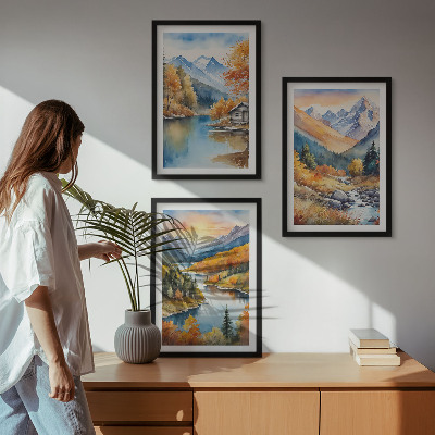 Lot de 3 tableaux pour salon Paysage de montagne rivière automne
