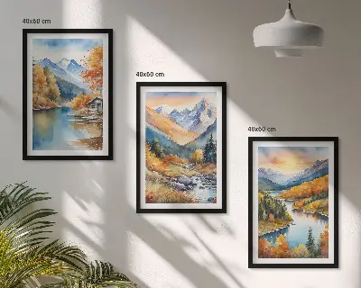 Lot de 3 tableaux pour salon paysage de montagne avec rivière en automne