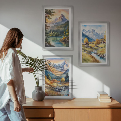 Lot de 3 tableaux pour salon Paysage montagneux avec une rivière