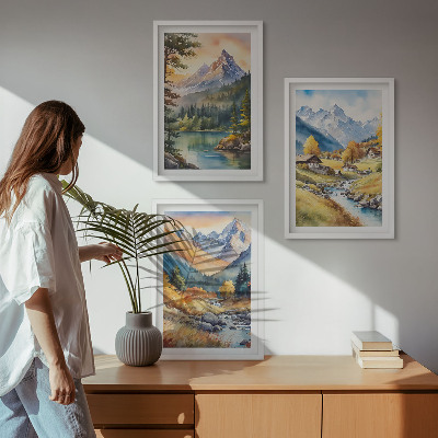 Lot de 3 tableaux pour salon Paysage montagneux avec une rivière