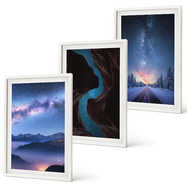 Lot de 3 tableaux pour salon Ciel nocturne, montagnes, paysage hivernal