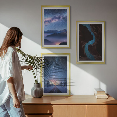 Lot de 3 tableaux pour salon Ciel nocturne, montagnes, paysage hivernal