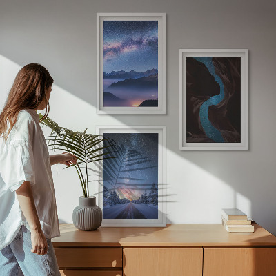 Lot de 3 tableaux pour salon Ciel nocturne, montagnes, paysage hivernal