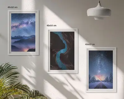 Lot de 3 tableaux pour salon représentant un paysage hivernal de ciel nocturne et de montagnes