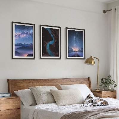 Lot de 3 tableaux pour salon Ciel nocturne, montagnes, paysage hivernal