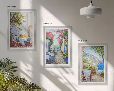 Lot de 3 tableaux pour salon représentant des rues charmantes, des plantes et la mer