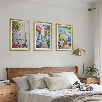 Lot de 3 tableaux pour salon représentant des rues charmantes, des plantes et la mer