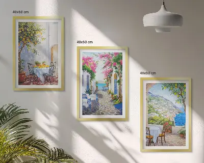 Lot de 3 tableaux pour salon représentant des rues charmantes, des plantes et la mer