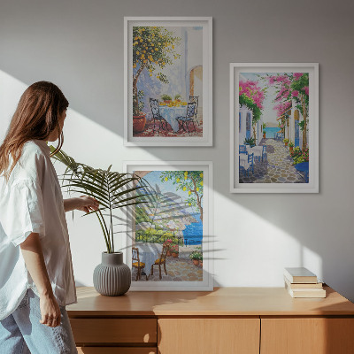Lot de 3 tableaux pour salon Rues charmantes, plantes, mer