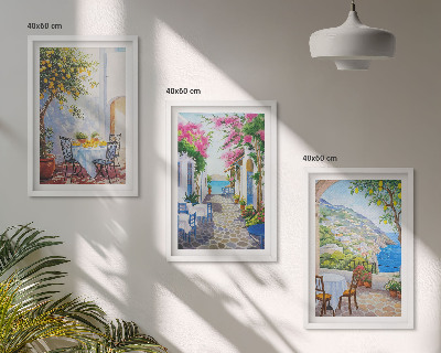 Lot de 3 tableaux pour salon Rues charmantes, plantes, mer