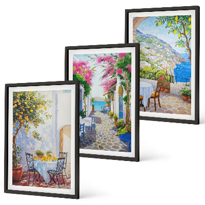 Lot de 3 tableaux pour salon Rues charmantes, plantes, mer