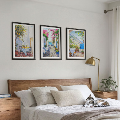 Lot de 3 tableaux pour salon Rues charmantes, plantes, mer