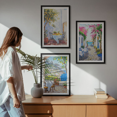 Lot de 3 tableaux pour salon Rues charmantes, plantes, mer