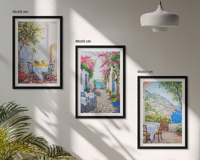 Lot de 3 tableaux pour salon Rues charmantes, plantes, mer
