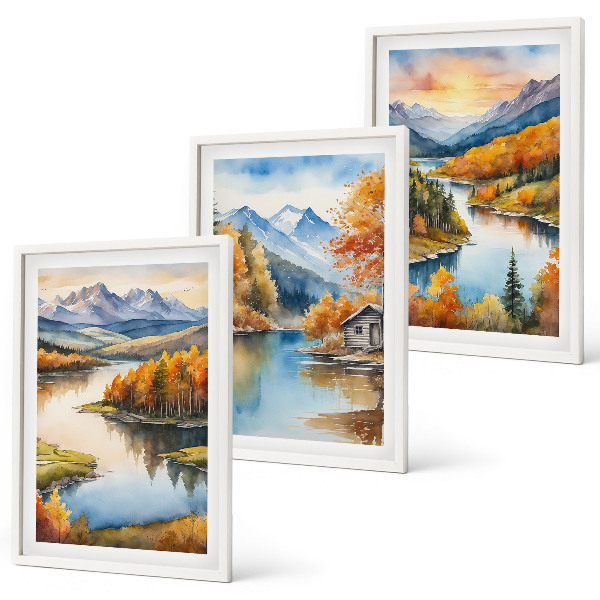 Lot de 3 tableaux pour salon Paysages de montagne en automne