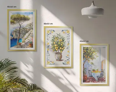 Ensemble de 3 tableaux pour salon peintures de citronniers bord de mer
